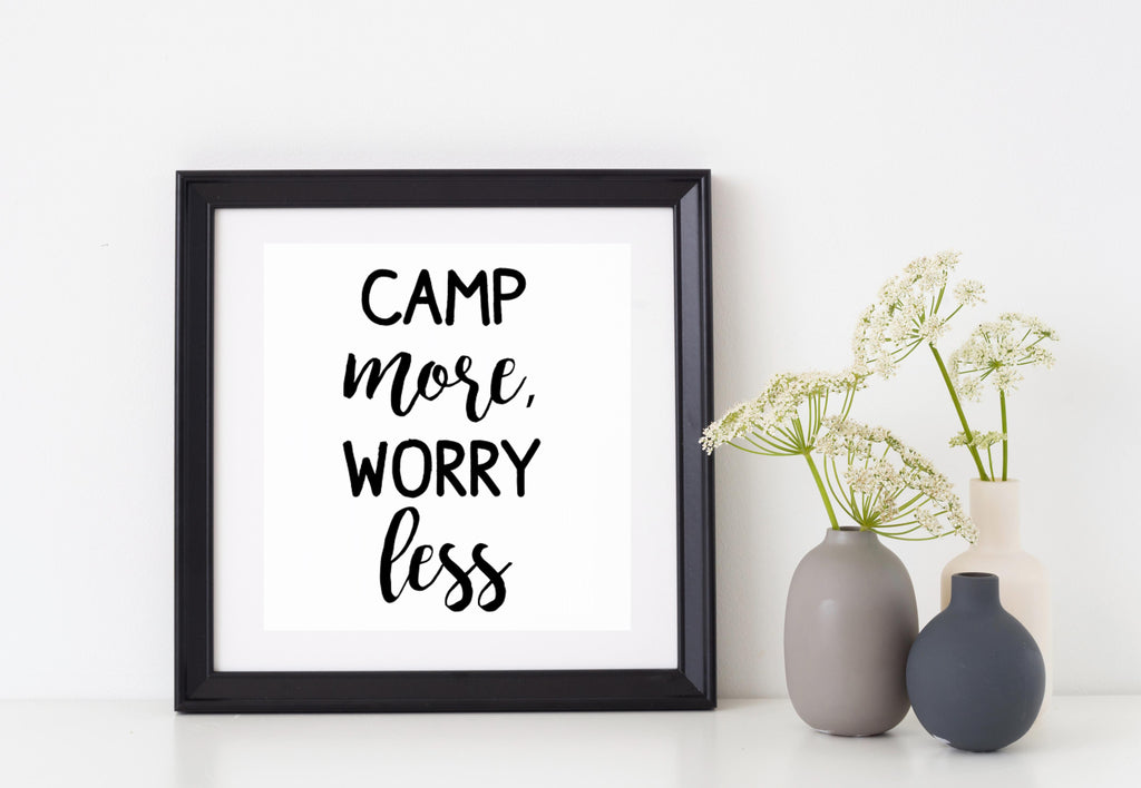 Camp More Worry Less | 4" x 7" Vinyl Sticker | Peel and Stick Inspirational Motivational Quotes Stickers Gift | Decal for Outdoors/Nature Camping Lovers