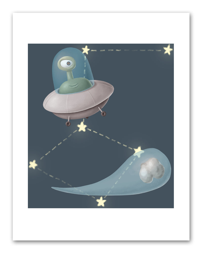 Spaceship & Astronaut Space Alien Wall Art Prints Set - Home Decor For Kids, Child, Children, Baby or Toddlers Room - Gift for Newborn Baby Shower | Set of 3 - Unframed- 8x10 Photos