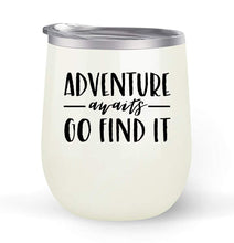 Load image into Gallery viewer, Adventure Awaits - Choose your cup color and create a personalized tumbler good for wine water coffee and more! Premier Maars Brand 12oz insulated cup keeps drinks cold or hot Perfect gift