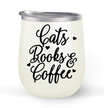 Load image into Gallery viewer, Cats Books Coffee - Choose your cup color &amp; create a personalized tumbler for Wine Water Coffee &amp; more! Premier Maars Brand 12oz insulated cup keeps drinks cold or hot Perfect gift