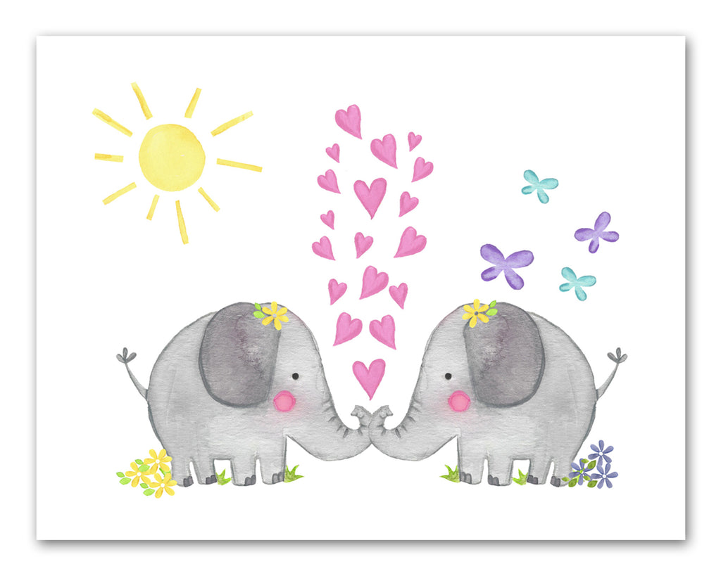 Twin Elephants Wall Art Prints Set - Home Decor For Kids, Child, Children, Baby or Toddlers Room - Gift for Newborn Baby Shower | Set of 2 - Unframed- 8x10 Photos