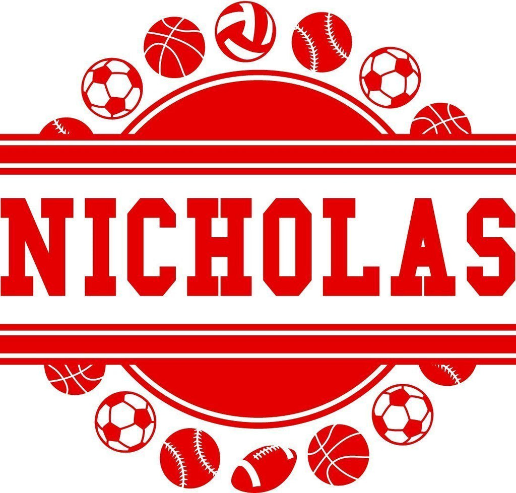Sports Balls Wall Decal Frame With Custom Name Decal - Football Baseball Soccer Basketball Varsity Wall Art Decal Wall Sticker 22"w x 22"t