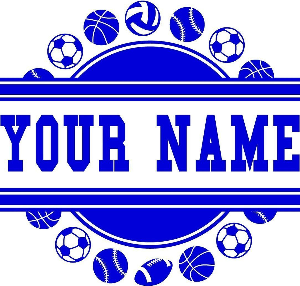 Sports Balls Wall Decal Frame With Custom Name Decal - Football Baseball Soccer Basketball Varsity Wall Art Decal Wall Sticker 22"w x 22"t