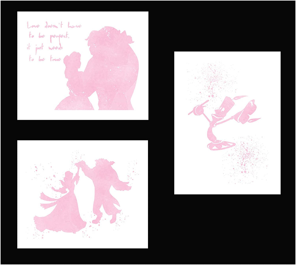 Set of 3 Pink Watercolor Prints Inspired by Beauty and The Beast - Made in USA - Disney Inspired - Home Art Print -Frame not Included (8x10, Pink Set 2)