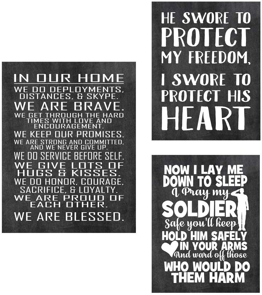 Military Family Set of 3 Wall Poster Prints - in Our Home - House Rules - Army, Navy, Marines, Air Force - Patriotic - 4th of July - Frame NOT Included (8" x 10", 3 Pack)
