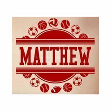 Load image into Gallery viewer, Sports Balls Wall Decal Frame With Custom Name Decal - Football Baseball Soccer Basketball Varsity Wall Art Decal Wall Sticker 22"w x 22"t