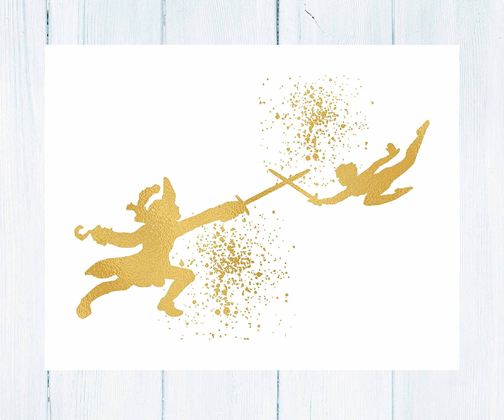Gold Print Inspired by Peter Pan and Captain Hook - Gold Poster Print Photo Quality - Made in USA - Home Art Print -Frame not Included (8x10, Peter Hook Fight)