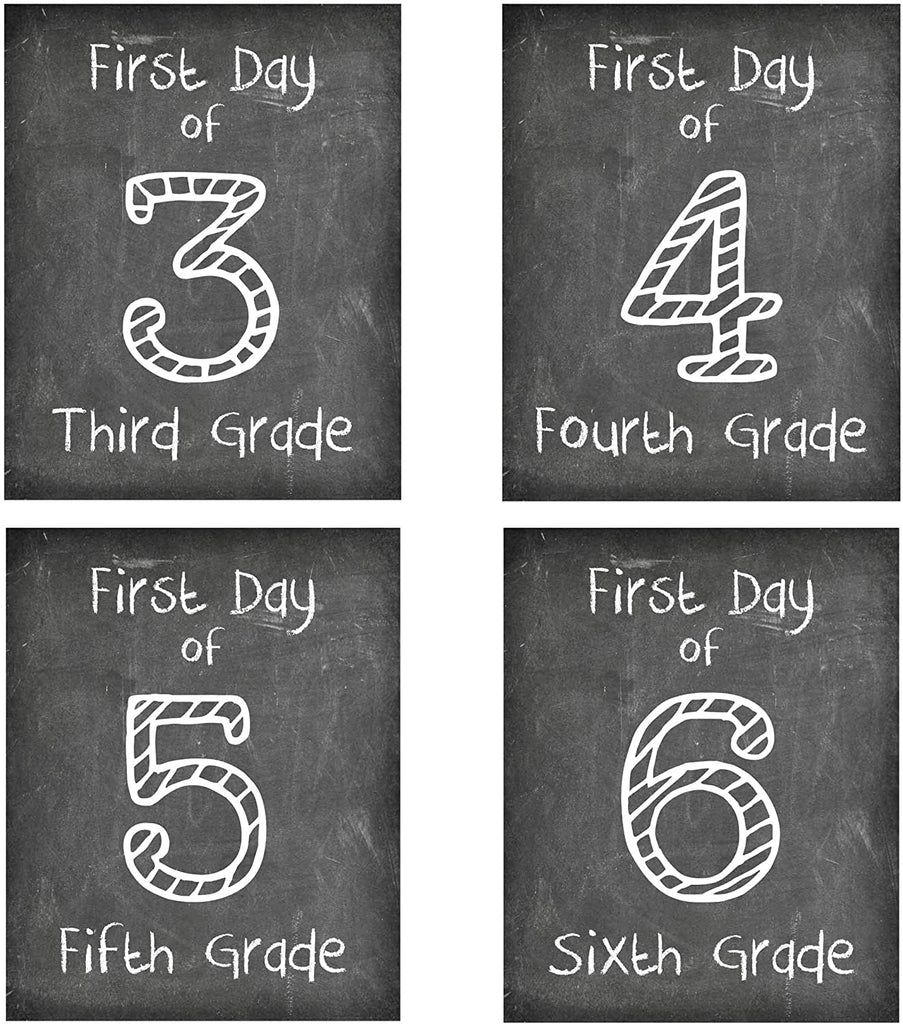 First Day of School Print, Set of 4 - 3rd grade, 4th grade, 5th grade, 6th grade, Reusable Chalkboard Photo Prop for Kids Back to School Sign for Photos, Frame Not Included (8x10, Set 2 - Style 1)