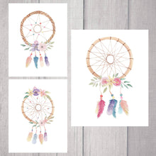Load image into Gallery viewer, Watercolor Dream Catcher Wall Art Print - (Set of 3) Unframed 8&quot;x10&quot; Poster Indian Feathers and Flowers Home Decor