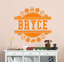 Load image into Gallery viewer, Sports Balls Wall Decal Frame With Custom Name Decal - Football Baseball Soccer Basketball Varsity Wall Art Decal Wall Sticker 22"w x 22"t