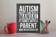 Load image into Gallery viewer, Autism Doesn't Come with a Manual, It Comes with A Parent Who Never Gives Up - Autism Poster Print Autistic Spectrum Motivational Decor Autism Awareness (8x10, Manual)