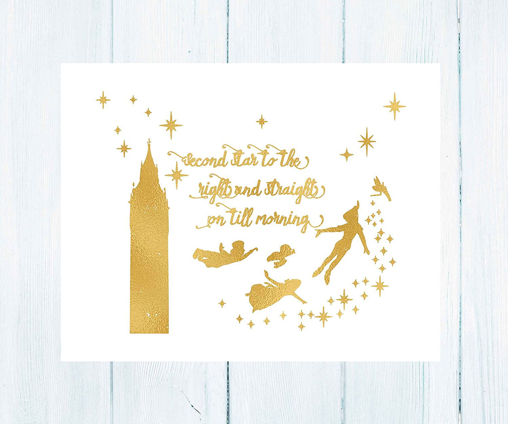 Gold Print Inspired by Peter Pan - Second Star to The Right - Gold Poster Print Photo Quality - Made in USA - Home Art Print -Frame not Included (8x10, Second Star)