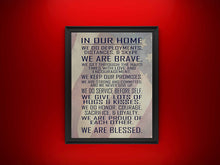 Load image into Gallery viewer, Military Family Wall Poster Print - in Our Home - House Rules - Army, Navy, Marines, Air Force - Patriotic - 4th of July - Frame Not Included (11&quot; x 14&quot;, Flag)