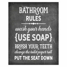 Load image into Gallery viewer, Bathroom Rules - Beautiful Photo Quality Poster Print - Decorate your home with these beautiful prints for kitchen, bath, family room, housewarming gift Made in the USA 8" x 10"
