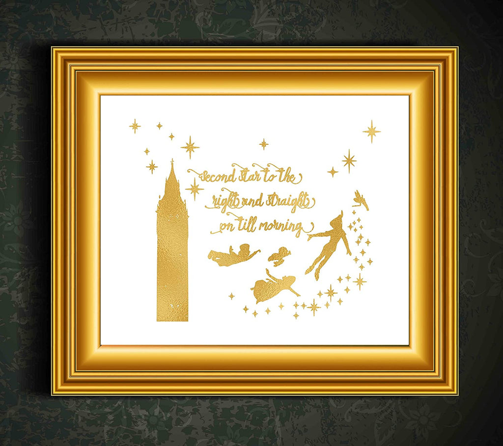 Gold Print Inspired by Peter Pan - Second Star to The Right - Gold Poster Print Photo Quality - Made in USA - Home Art Print -Frame not Included (8x10, Second Star)