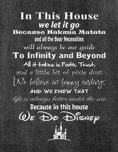 Load image into Gallery viewer, in This House We Do Disney - Poster Print Photo Quality - Made in USA - Disney Family House Rules - Frame not Included (16x20, Chalkboard Background)