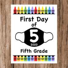 Load image into Gallery viewer, First Day of School Art Print for 2020. Unframed Reusable Photo Prop for Kids and Parents Back to School Sign. Masked, zoomed and remote learning 8” x 10” (8&quot; x 10&quot; Color, 5th Grade)