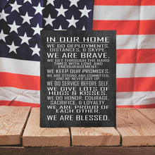 Load image into Gallery viewer, Military Family Wall Poster Print - in Our Home - House Rules - Army, Navy, Marines, Air Force - Patriotic - 4th of July (16" x 20, Chalk)