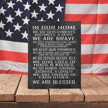Load image into Gallery viewer, Military Family Wall Poster Print - in Our Home - House Rules - Army, Navy, Marines, Air Force - Patriotic - 4th of July (16&quot; x 20&quot;, Red)