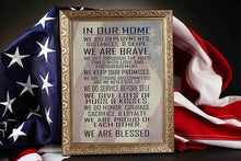 Load image into Gallery viewer, Military Family Wall Poster Print - in Our Home - House Rules - Army, Navy, Marines, Air Force - Patriotic - 4th of July - Frame NOT Included (8x10, Flag)