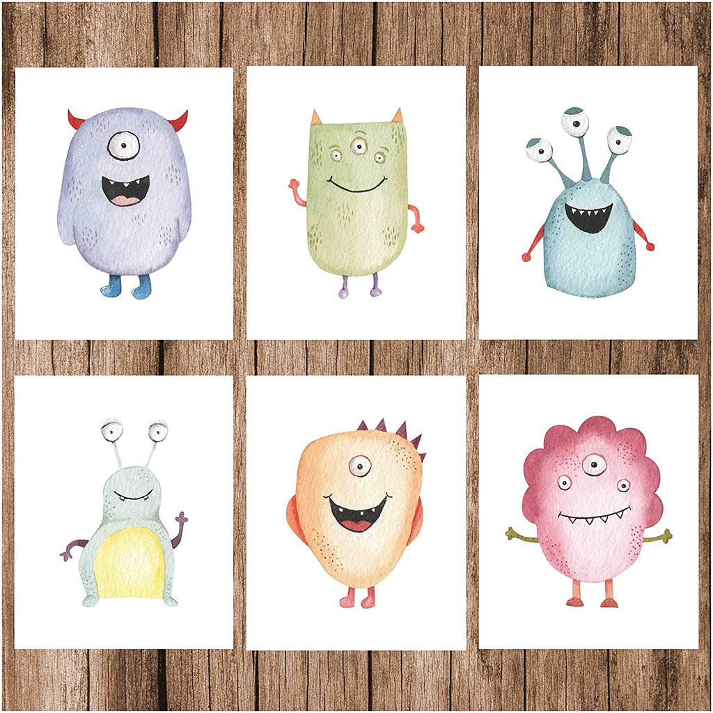 Adorable Monster Wall Art Prints (Set of 6) Unframed. Six Delightful 8"x10" Watercolor Characters for Nursery Kids Room and Home Decor