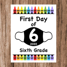Load image into Gallery viewer, First Day of School Art Print for 2020. Unframed Reusable Photo Prop for Kids and Parents Back to School Sign. Masked, zoomed and remote learning 8” x 10” (8&quot; x 10&quot; Color, 6th Grade)