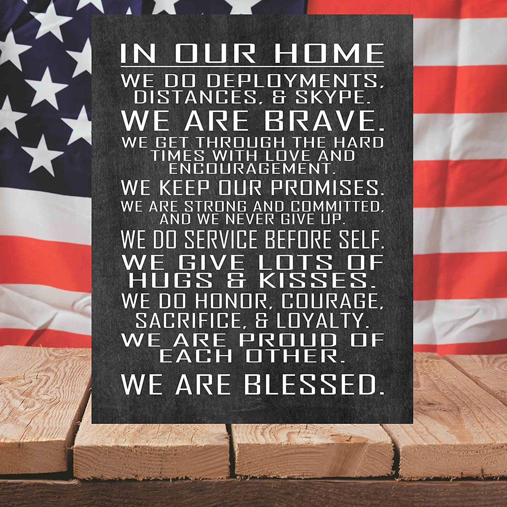 Military Family Wall Poster Print - in Our Home - House Rules - Army, Navy, Marines, Air Force - Patriotic - 4th of July (11" x 14", Red)