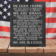 Load image into Gallery viewer, Military Family Wall Poster Print - in Our Home - House Rules - Army, Navy, Marines, Air Force - Patriotic - 4th of July (11" x 14", Chalk)