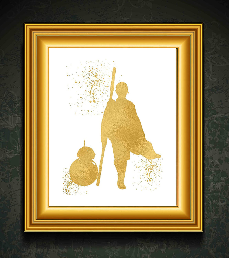 Gold Print - Rey and BB8 - Inspired by Star Wars - Gold Poster Print Photo Quality - Made in USA - Home Art Print -Frame not Included (8x10, Rey BB8)
