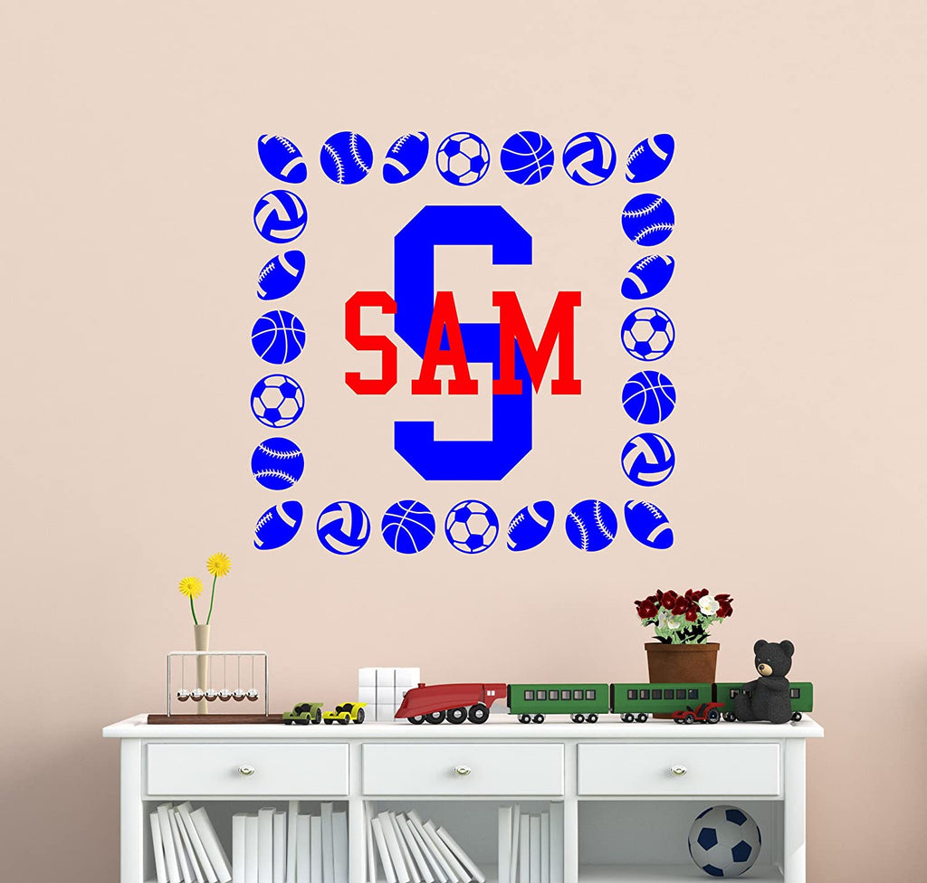 Sports Balls Wall Decal Frame With Custom Name and Initial Decal in Two Colors - Football Baseball Soccer Basketball Varsity Wall Art Decal Wall Sticker 22"w x 22"t