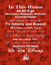 Load image into Gallery viewer, in This House We Do Disney - Poster Print Photo Quality - Made in USA - Disney Family House Rules - Frame not Included (11x14, Red Background 1)