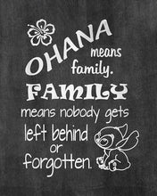 Load image into Gallery viewer, Ohana Means Family - Inspired by Lilo and Stitch - Chalkboard Background Poster Print Photo Quality - Made in USA - Disney Inspired - Home Art Print -Frame not included (8x10, Ohana Chalkboard)