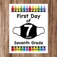 Load image into Gallery viewer, First Day of School Art Print for 2020. Unframed Reusable Photo Prop for Kids and Parents Back to School Sign. Masked, zoomed and remote learning 8” x 10” (8&quot; x 10&quot; Color, 7th Grade)