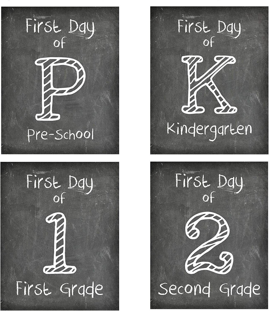 First Day of School Print, Set of 4, Preschool, Kindergarten, 1st Grade, 2nd Grade, Reusable Chalkboard Photo Prop for Kids Back to School Sign for Photos, Frame Not Included (8x10, Set 1 - Style 1)