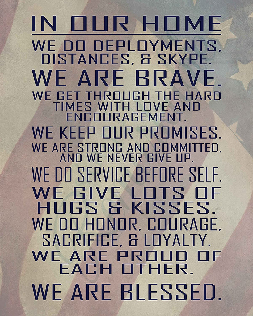 Military Family Wall Poster Print - in Our Home - House Rules - Army, Navy, Marines, Air Force - Patriotic - 4th of July - Frame NOT Included (8x10, Flag)