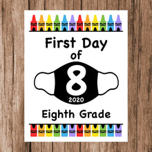 Load image into Gallery viewer, First Day of School Art Print for 2020. Unframed Reusable Photo Prop for Kids and Parents Back to School Sign. Masked, zoomed and remote learning 8” x 10” (8&quot; x 10&quot; Color, 8th Grade)