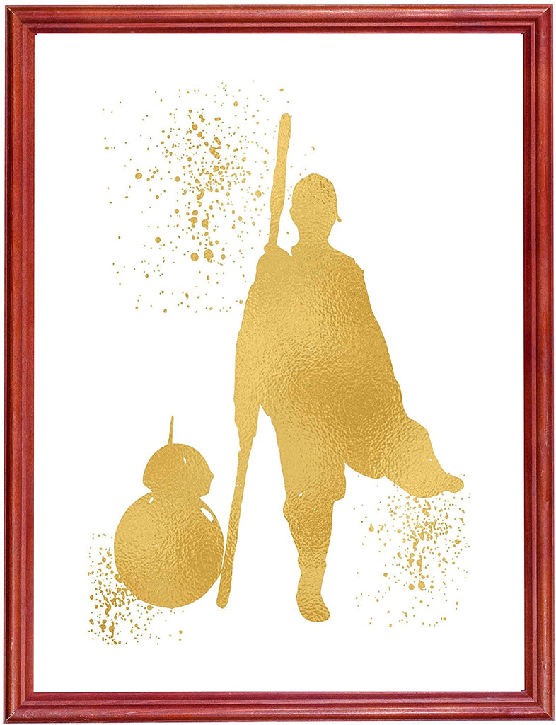 Gold Print - Rey and BB8 - Inspired by Star Wars - Gold Poster Print Photo Quality - Made in USA - Home Art Print -Frame not Included (8x10, Rey BB8)