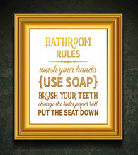 Load image into Gallery viewer, Bathroom Rules - Beautiful Photo Quality Poster Print - Decorate your home with these beautiful prints for kitchen, bath, family room, housewarming gift Made in the USA 8" x 10"