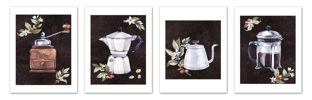 Coffee Maker & Seed Foliage Kitchen Wall Art Prints Set - Ideal Gift For Family Room Kitchen Play Room Wall Décor Birthday Wedding Anniversary | Set of 4 - Unframed- 8x10 Photos