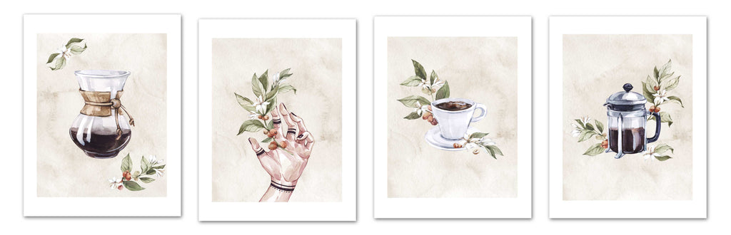 Coffee & Seed Foliage Kitchen Wall Art Prints Set - Ideal Gift For Family Room Kitchen Play Room Wall Décor Birthday Wedding Anniversary | Set of 4 - Unframed- 8x10 Photos