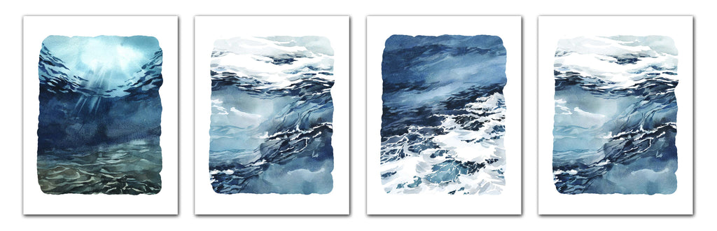 Blue Ocean Watercolor Wall Art Prints Set - Ideal Gift For Family Room Kitchen Play Room Wall Décor Birthday Wedding Anniversary | Set of 4 - Unframed- 8x10 Photos