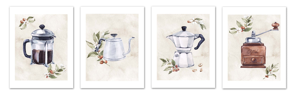 Coffee Maker & Seed Foliage Kitchen Wall Art Prints Set - Ideal Gift For Family Room Kitchen Play Room Wall Décor Birthday Wedding Anniversary | Set of 4 - Unframed- 8x10 Photos