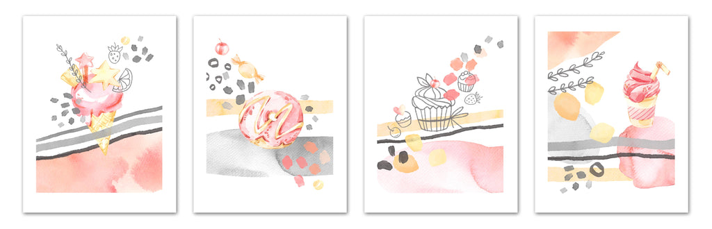 Sweet Treats Icecream Cake Waffle Wall Art Prints Set - Ideal Gift For Family Room Kitchen Play Room Wall Décor Birthday Wedding Anniversary | Set of 4 - Unframed- 8x10 Photos
