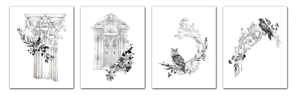 Architecture Pencil Sketch Design Wall Art Prints Set - Ideal Gift For Family Room Kitchen Play Room Wall Décor Birthday Wedding Anniversary | Set of 4 - Unframed- 8x10 Photos