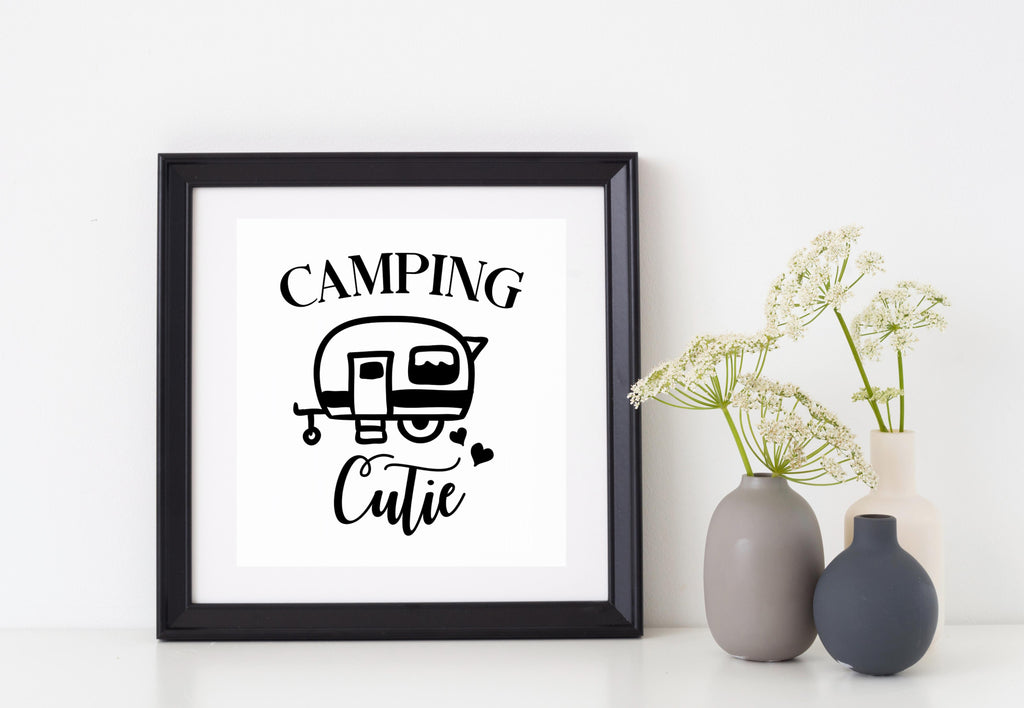 Camping Cutie | 5.2" x 4.5" Vinyl Sticker | Peel and Stick Inspirational Motivational Quotes Stickers Gift | Decal for Outdoors/Nature Camping Lovers