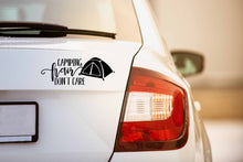 Load image into Gallery viewer, Camping Hair Don't Care | 7.9" x 3" Vinyl Sticker | Peel and Stick Inspirational Motivational Quotes Stickers Gift | Decal for Outdoors/Nature Camping Lovers