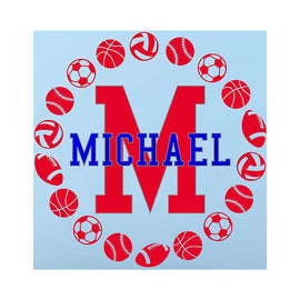 Sports Balls Wall Decal Frame With Custom Name and Initial Decal in Two Colors - Football Baseball Soccer Basketball Varsity Wall Art Decal Wall Sticker 22