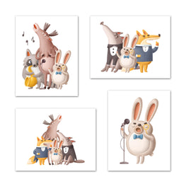 Karaoke Party Nursery Animals Wall Art Prints Set - Home Decor For Kids, Child, Children, Baby or Toddlers Room - Gift for Newborn Baby Shower | Set of 4 - Unframed- 8x10 Photos