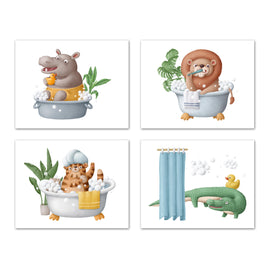 Crocodile Tiger Cat & Hippopotimus Bath Time Nursery Wall Art Prints Set - Home Decor For Kids, Child, Children, Baby or Toddlers Room - Gift for Newborn Baby Shower | Set of 4 - Unframed- 8x10 Photos