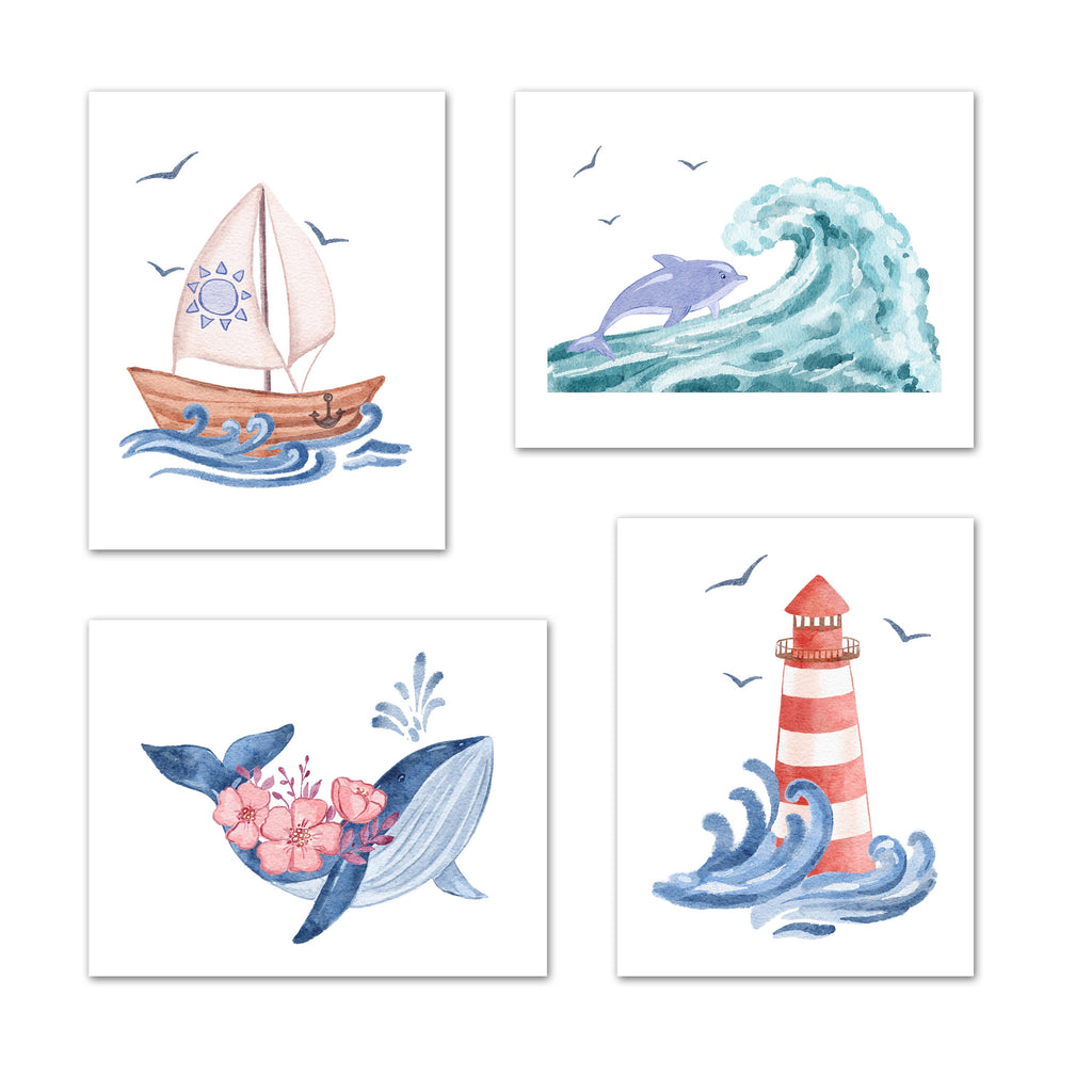 Ocean Nursery Wall Art Prints Set - Home Decor For Kids, Child, Children, Baby or Toddlers Room - Gift for Newborn Baby Shower | Set of 4 - Unframed- 8x10 Photos